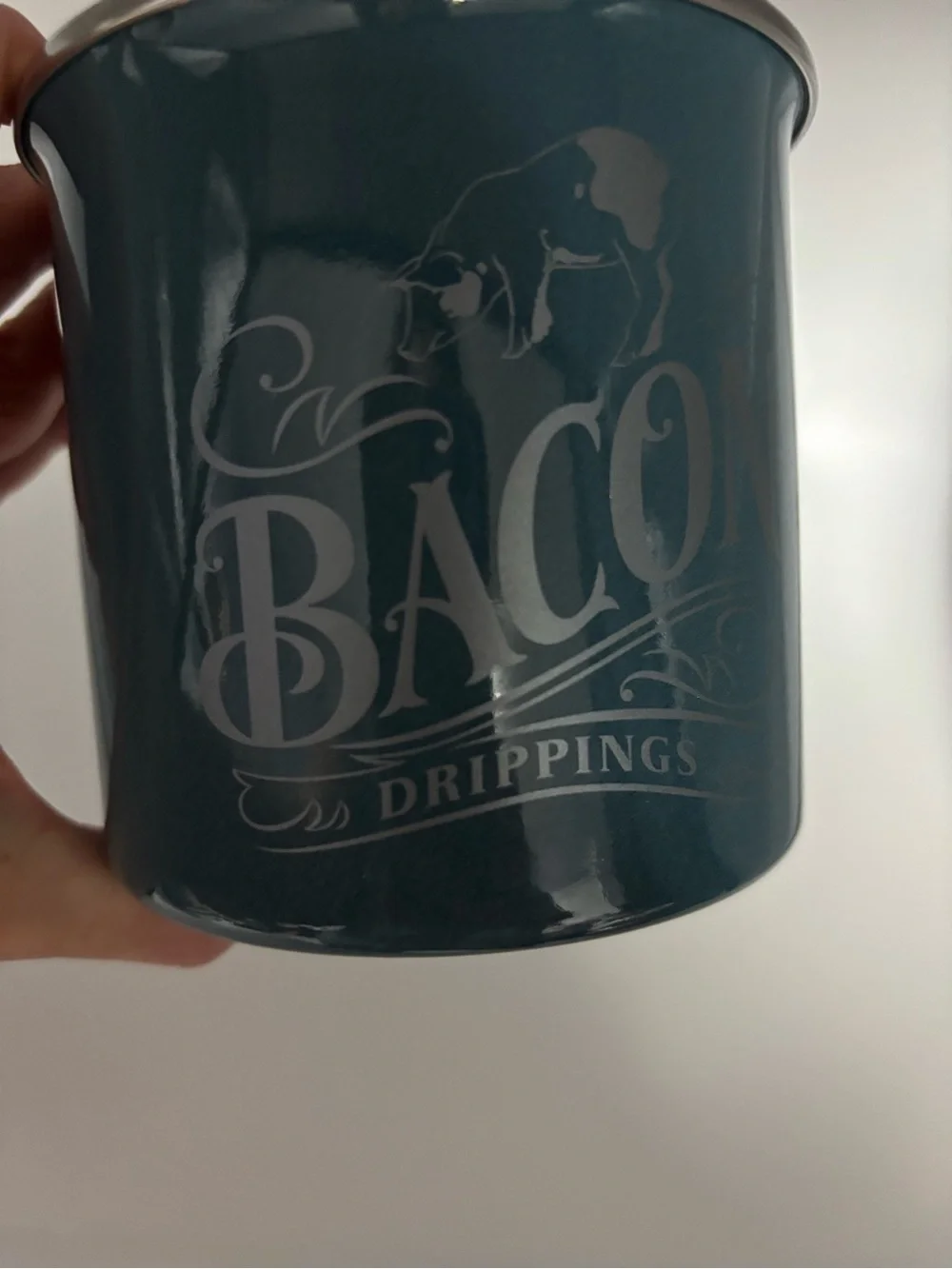 Bacon Drippings Storage Can Teal/Blue Pig Enamel on Steel. Handwash only. 4”x4”